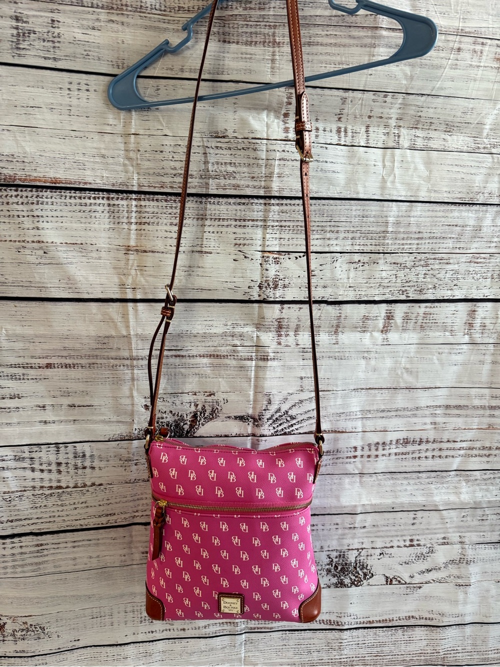 Dooney & Bourke Pink Monogram Crossbody with Brown Leather Trim